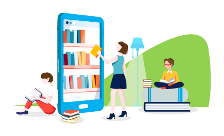 graphic of a group of people in a library