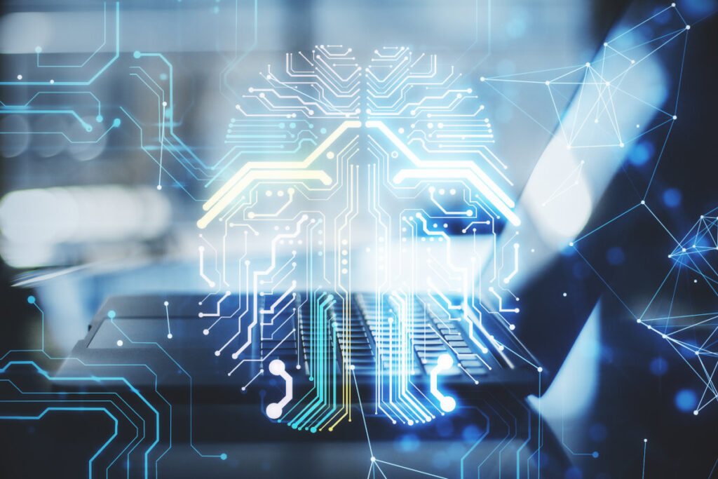 Digital AI brain made of circuit lines over a laptop, representing cybersecurity risks from increased artificial intelligence use.